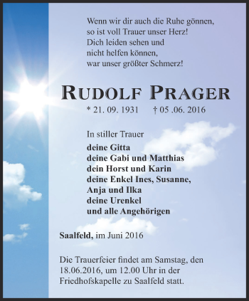 Traueranzeige von Rudolf Prager von Ostthüringer Zeitung