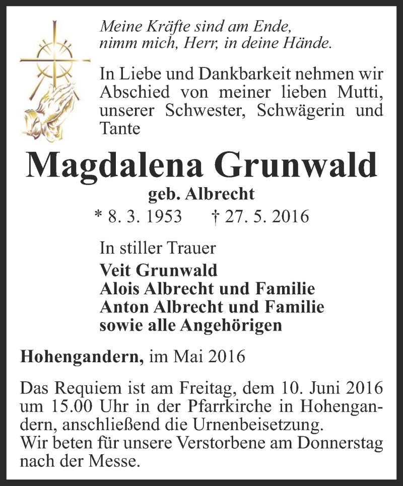  Traueranzeige für Magdalena Grunwald vom 07.06.2016 aus Thüringer Allgemeine