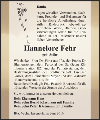 Traueranzeige von Hannelore Fehr von Thüringer Allgemeine, Thüringische Landeszeitung