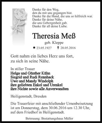 Traueranzeige von Theresia Meß von Thüringer Allgemeine