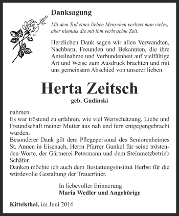 Traueranzeige von Herta Zeitsch von Thüringer Allgemeine, Thüringische Landeszeitung