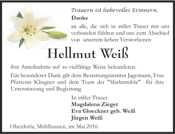 Traueranzeige von Hellmut Weiß von Thüringer Allgemeine, Thüringische Landeszeitung