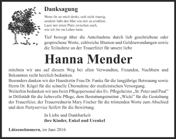 Traueranzeige von Hanna Mender von Thüringer Allgemeine, Thüringische Landeszeitung