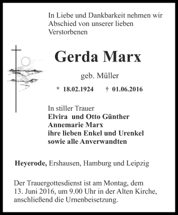 Traueranzeige von Gerda Marx von Thüringer Allgemeine, Thüringische Landeszeitung