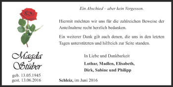 Traueranzeige von Magda Stüber von Ostthüringer Zeitung