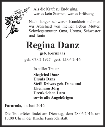 Traueranzeige von Regina Danz von Thüringer Allgemeine, Thüringische Landeszeitung