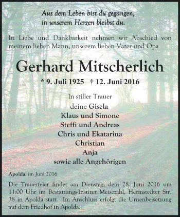 Traueranzeige von Gerhard Mitscherlich von Thüringer Allgemeine, Thüringische Landeszeitung