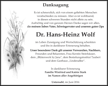 Traueranzeige von Hans-Heinz Wolf von Thüringer Allgemeine, Thüringische Landeszeitung