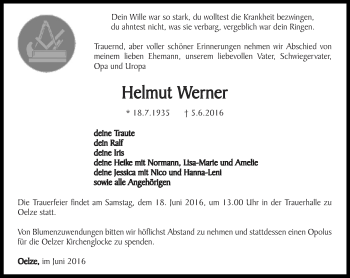 Traueranzeige von Helmut Werner von Ostthüringer Zeitung