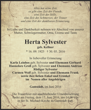 Traueranzeige von Herta Sylvester von Thüringer Allgemeine, Thüringische Landeszeitung