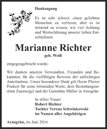 Traueranzeige von Marianne Richter von Ostthüringer Zeitung