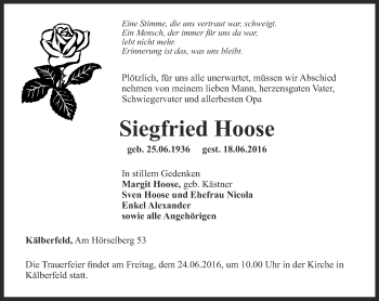 Traueranzeige von Siegfried Hoose von Thüringer Allgemeine, Thüringische Landeszeitung