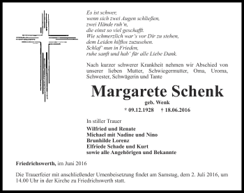 Traueranzeige von Margarete Schenk von Ostthüringer Zeitung, Thüringische Landeszeitung