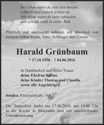 Traueranzeige von Harald Grünbaum von Thüringer Allgemeine, Thüringische Landeszeitung