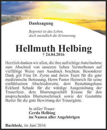 Traueranzeige von Hellmuth Helbing von Thüringer Allgemeine