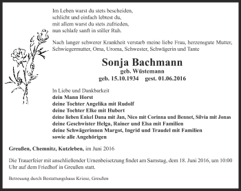 Traueranzeige von Sonja Bachmann von Thüringer Allgemeine