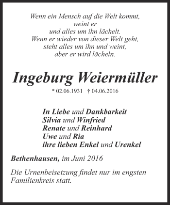 Traueranzeige von Ingeburg Weiermiiller von Ostthüringer Zeitung