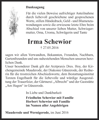 Traueranzeige von Irma Schewior  von Thüringer Allgemeine