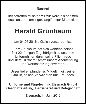 Traueranzeige von Harald Grünbaum von Thüringer Allgemeine, Thüringische Landeszeitung