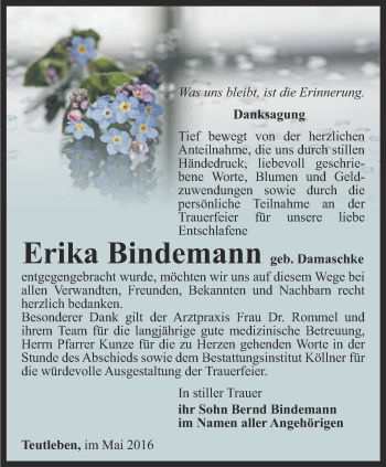 Traueranzeige von Erika Bindemann von Ostthüringer Zeitung, Thüringische Landeszeitung