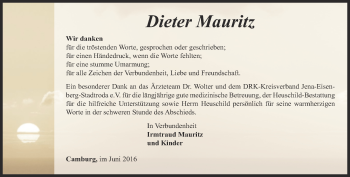 Traueranzeige von Dieter Mauritz von Ostthüringer Zeitung, Thüringische Landeszeitung