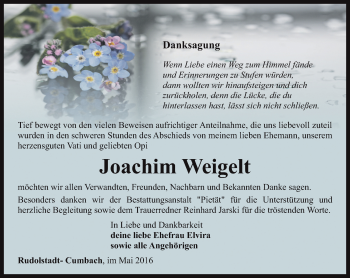 Traueranzeige von Joachim Weigelt von Ostthüringer Zeitung