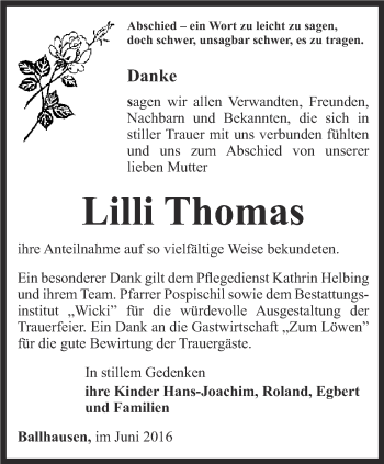 Traueranzeige von Lilli Thomas von Thüringer Allgemeine, Thüringische Landeszeitung