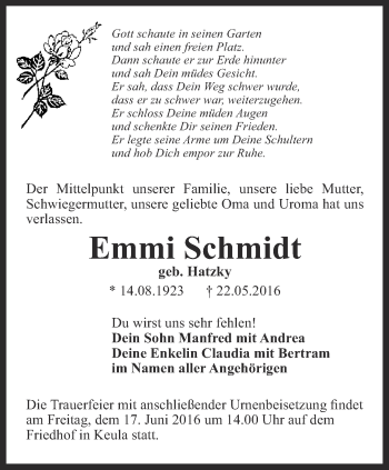 Traueranzeige von Emmi Schmidt von Thüringer Allgemeine, Thüringische Landeszeitung