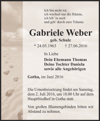 Traueranzeige von Gabriele Weber von Ostthüringer Zeitung, Thüringische Landeszeitung