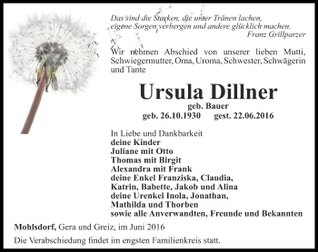 Traueranzeige von Ursula Dillner von Ostthüringer Zeitung