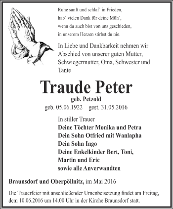 Traueranzeige von Traude Peter von Ostthüringer Zeitung
