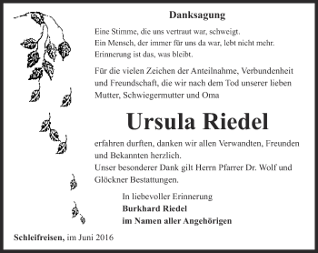 Traueranzeige von Ursula Riedel von Ostthüringer Zeitung