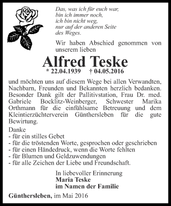 Traueranzeige von Alfred Teske von Ostthüringer Zeitung, Thüringische Landeszeitung