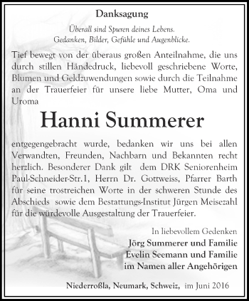 Traueranzeige von Hanni Summerer von Thüringer Allgemeine, Thüringische Landeszeitung