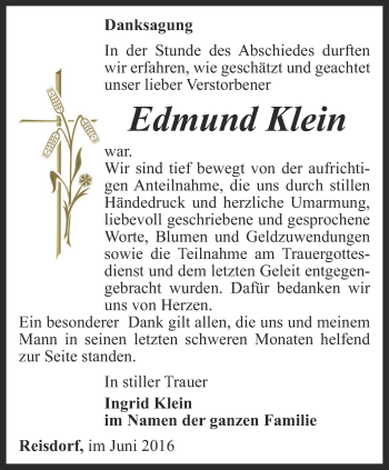 Traueranzeige von Edmund Klein von Thüringer Allgemeine, Thüringische Landeszeitung