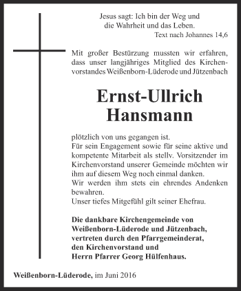 Traueranzeige von Ernst-Ullrich Hansmann von Thüringer Allgemeine