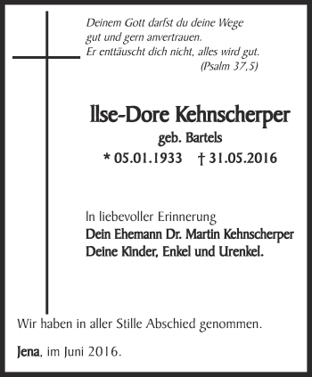 Traueranzeige von Ilse-Dore Kehnscherper von Ostthüringer Zeitung, Thüringische Landeszeitung