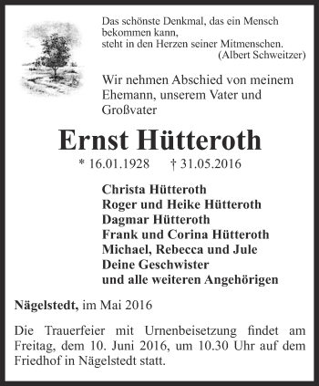 Traueranzeige von Ernst Hütteroth von Thüringer Allgemeine, Thüringische Landeszeitung, Ostthüringer Zeitung