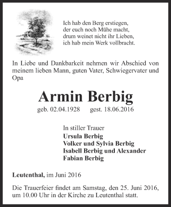 Traueranzeige von Armin Berbig von Thüringer Allgemeine, Thüringische Landeszeitung