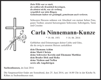 Traueranzeige von Carla Ninnemann-Kunze von Thüringer Allgemeine, Thüringische Landeszeitung