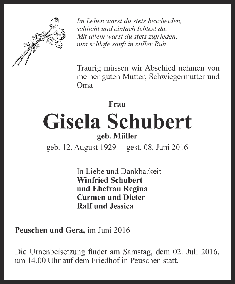 Traueranzeige für Gisela Schubert vom 18.06.2016 aus Ostthüringer Zeitung