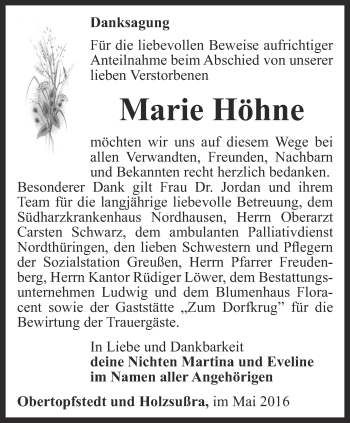 Traueranzeige von Marie Höhne von Thüringer Allgemeine