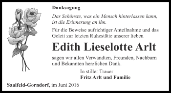 Traueranzeige von Edith Lieselotte Arlt von Ostthüringer Zeitung