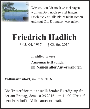 Traueranzeige von Friedrich Hadlich von Ostthüringer Zeitung