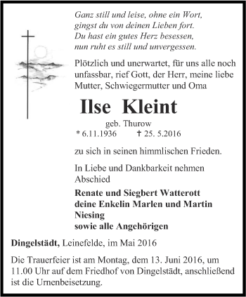 Traueranzeige von Ilse Kleint von Thüringer Allgemeine