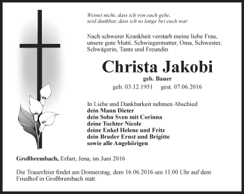 Traueranzeige von Christa Jakobi von Thüringer Allgemeine