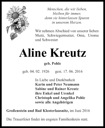 Traueranzeige von Aline Kreutz von Ostthüringer Zeitung