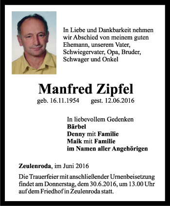 Traueranzeige von Manfred Zipfel von Ostthüringer Zeitung