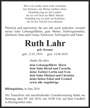 Traueranzeige von Ruth Lahr von Thüringer Allgemeine