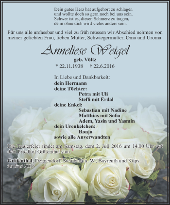 Traueranzeige von Anneliese Weigel von Ostthüringer Zeitung
